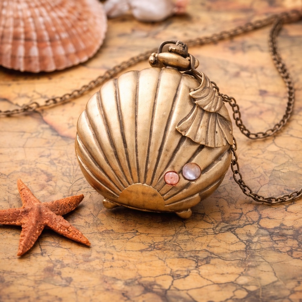 Vintage Bronze Seashell Pocket Watch - Necklace Nautical Vintage Quartz Watch